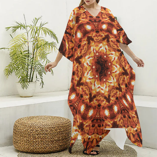 Orange Kaleidoscope Print Silk V-Neck Kaftan Dress