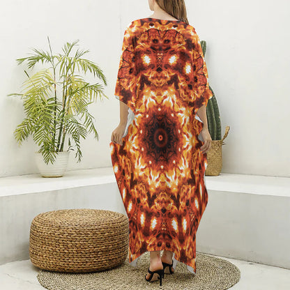 Orange Kaleidoscope Print Silk V-Neck Kaftan Dress