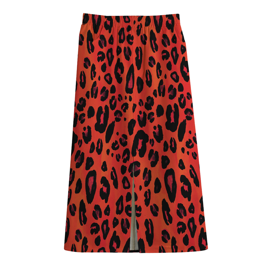 Orange Leopard Print Cotton Front Slit Maxi Skirt