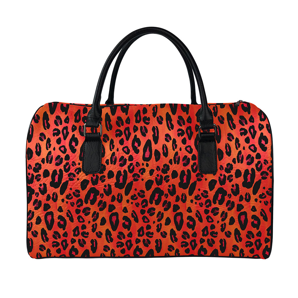 Orange Leopard Print Leather Duffle Bag