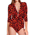 Orange Leopard Print Long Sleeve Swimsuit