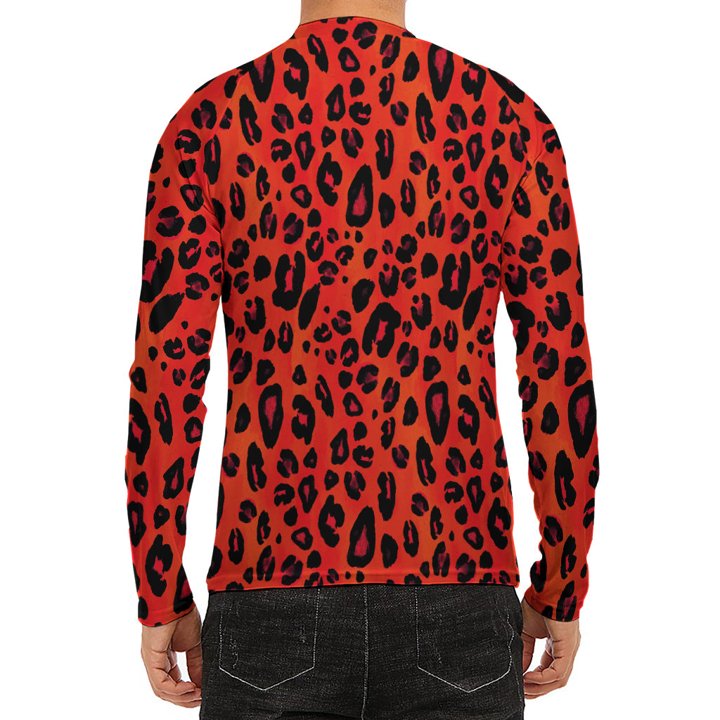 Orange Leopard Print Men's Long Sleeve Rash Guard