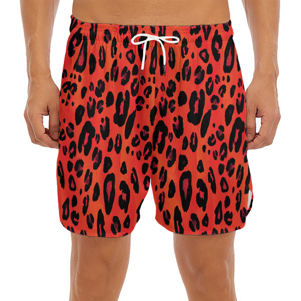 Orange Leopard Print Men's Split Running Shorts