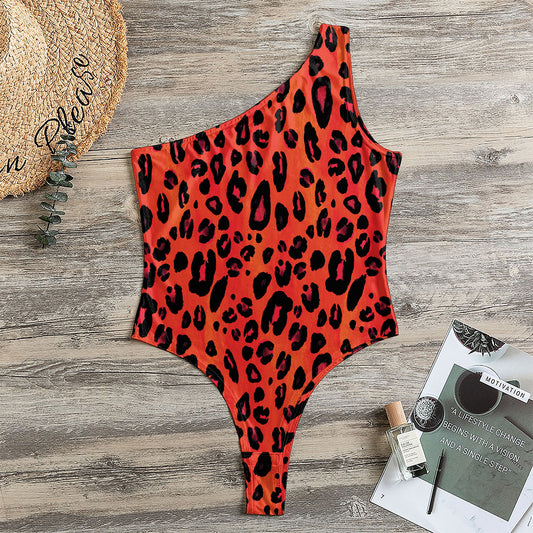 Orange Leopard Print One Shoulder Bodysuit