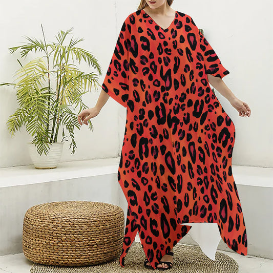 Orange Leopard Print Silk V-Neck Kaftan Dress