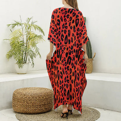 Orange Leopard Print Silk V-Neck Kaftan Dress