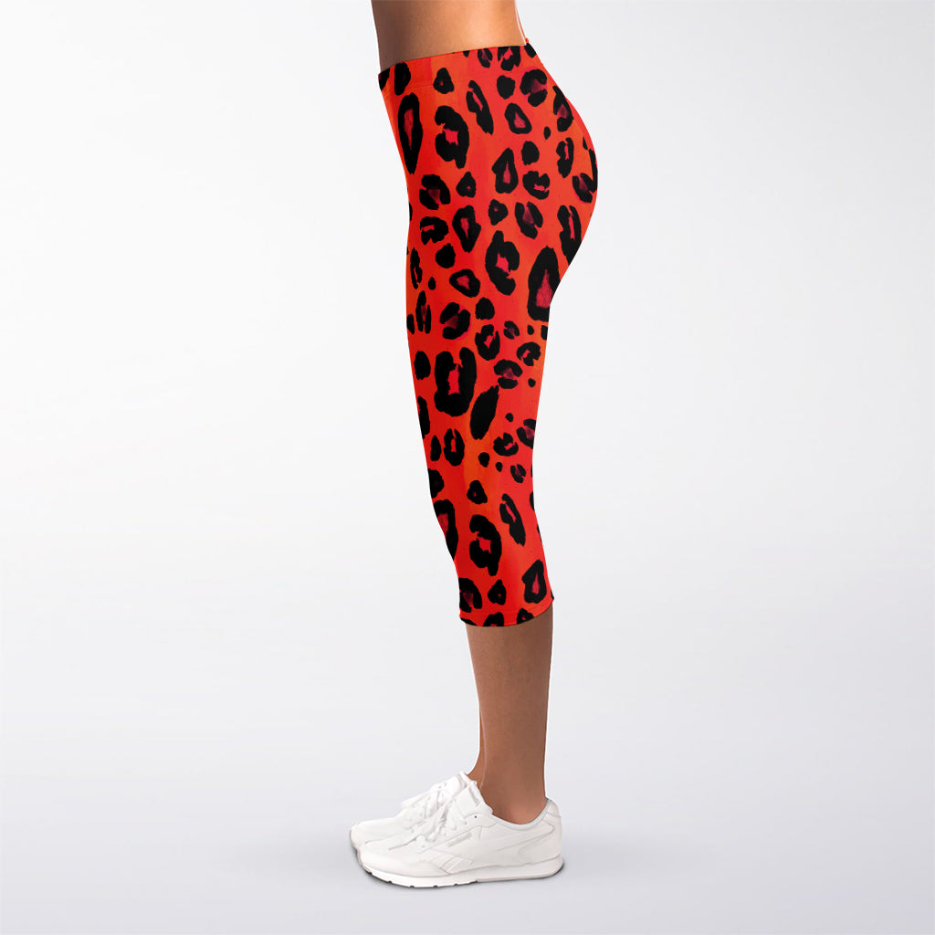 Orange Leopard Print Women's Capri Leggings