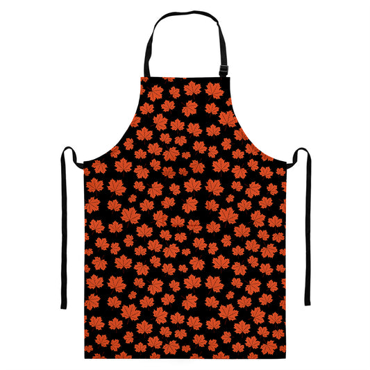 Orange Maple Leaves Pattern Print Bib Apron With Pocket