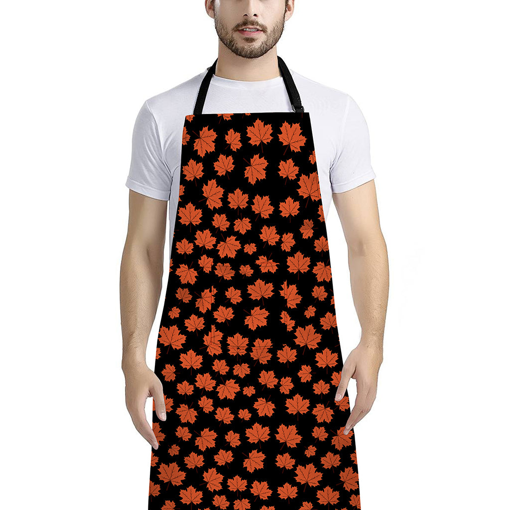 Orange Maple Leaves Pattern Print Bib Apron With Pocket