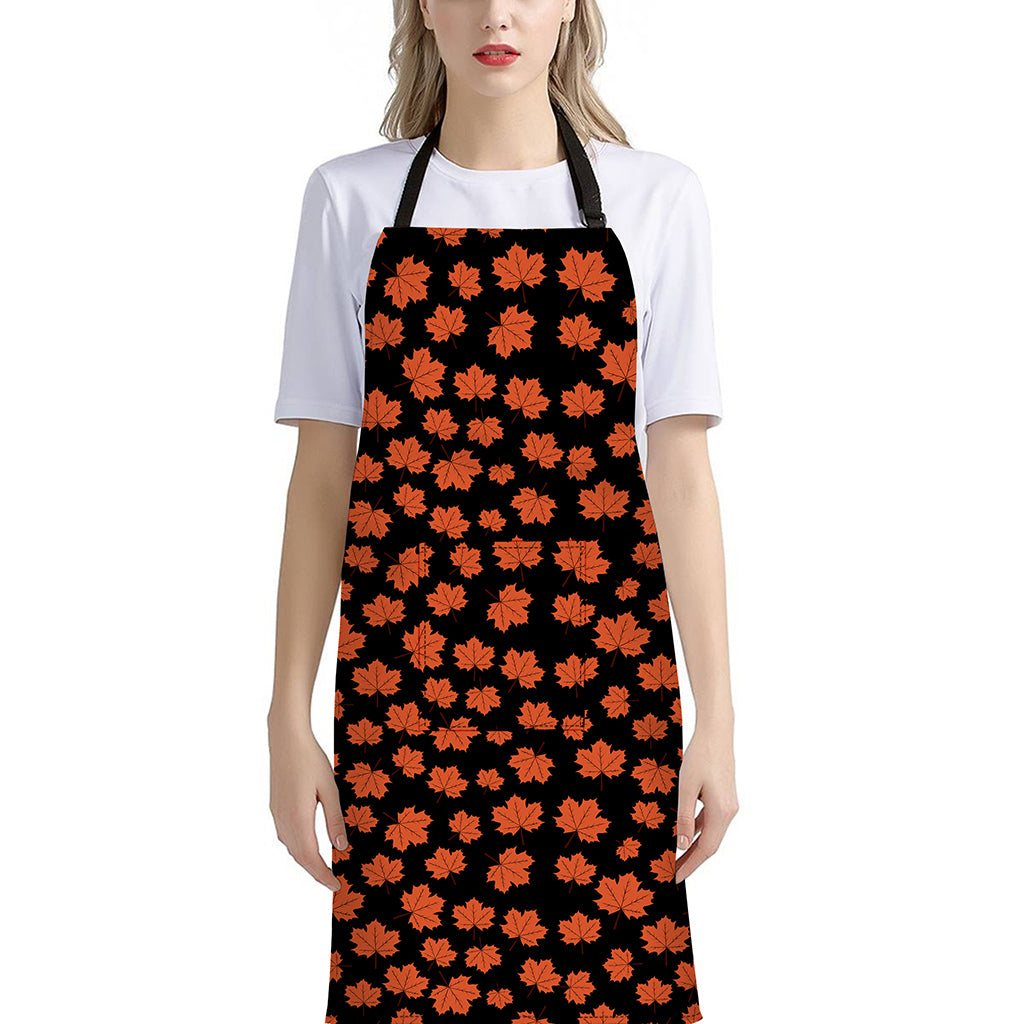Orange Maple Leaves Pattern Print Bib Apron With Pocket