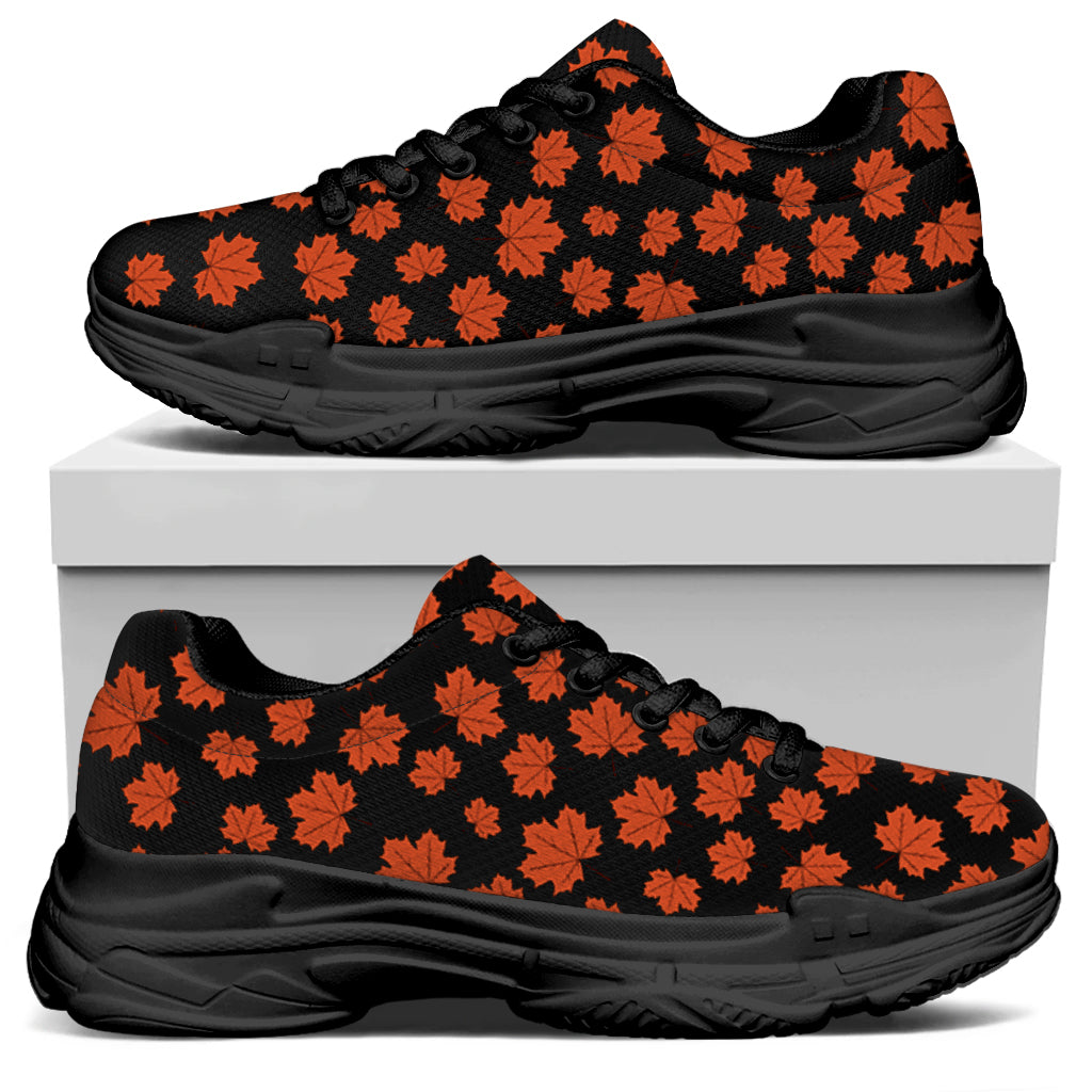 Orange Maple Leaves Pattern Print Black Chunky Shoes