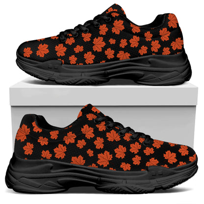 Orange Maple Leaves Pattern Print Black Chunky Shoes