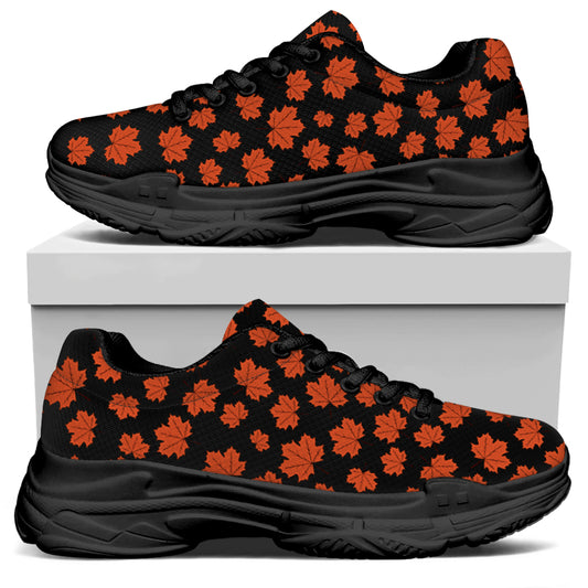 Orange Maple Leaves Pattern Print Black Chunky Shoes
