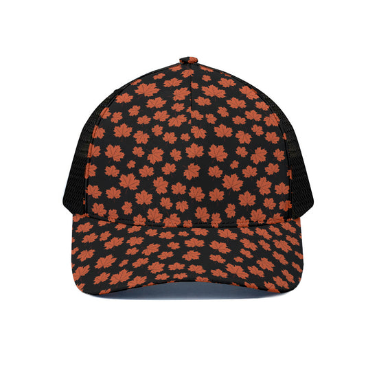 Orange Maple Leaves Pattern Print Black Mesh Trucker Cap