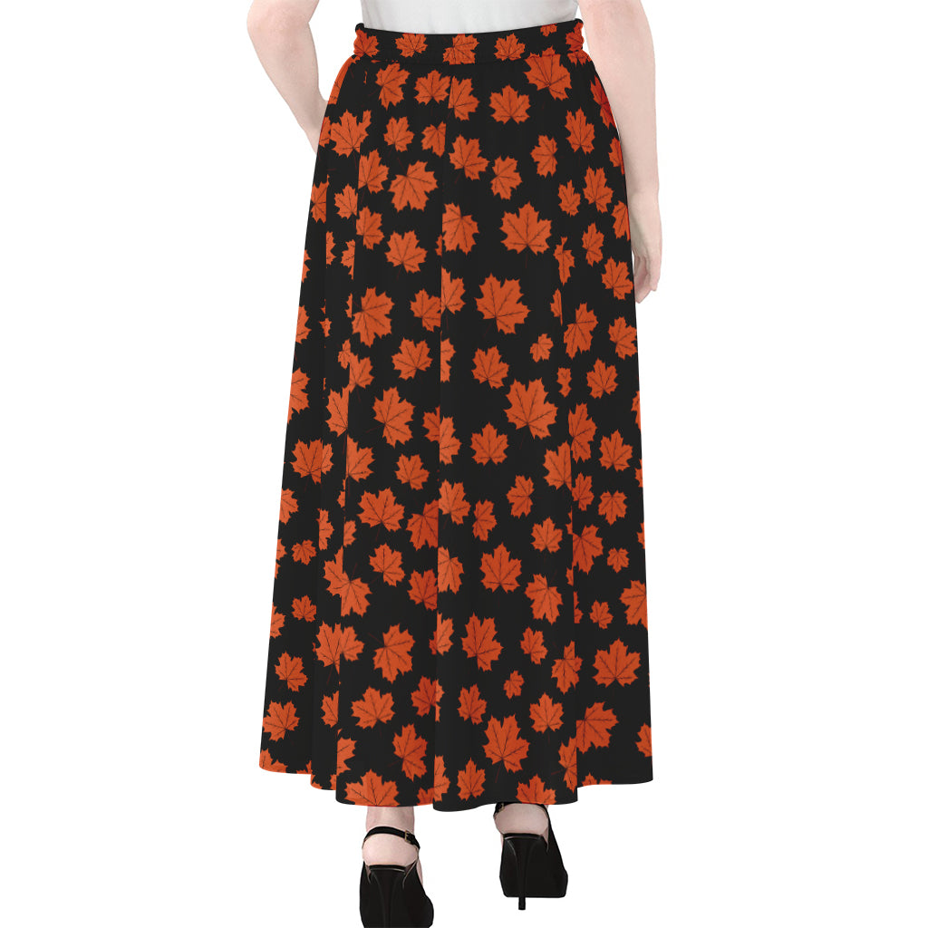 Orange Maple Leaves Pattern Print Chiffon Maxi Skirt