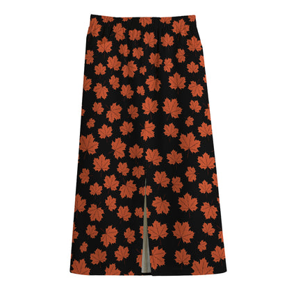 Orange Maple Leaves Pattern Print Cotton Front Slit Maxi Skirt
