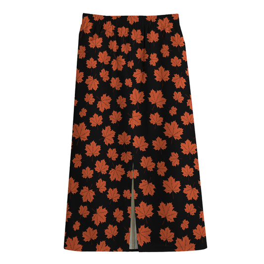Orange Maple Leaves Pattern Print Cotton Front Slit Maxi Skirt