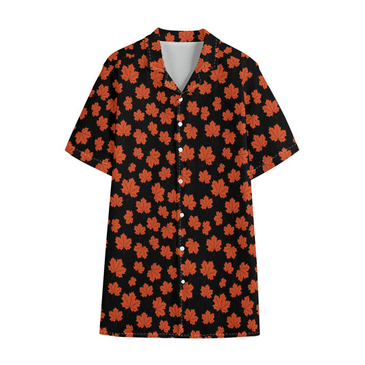 Orange Maple Leaves Pattern Print Cotton Hawaiian Shirt