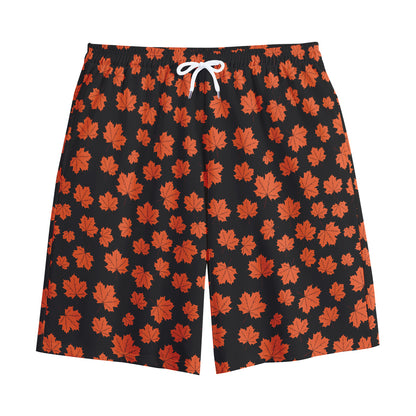 Orange Maple Leaves Pattern Print Cotton Shorts