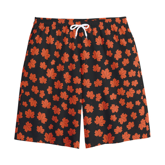 Orange Maple Leaves Pattern Print Cotton Shorts