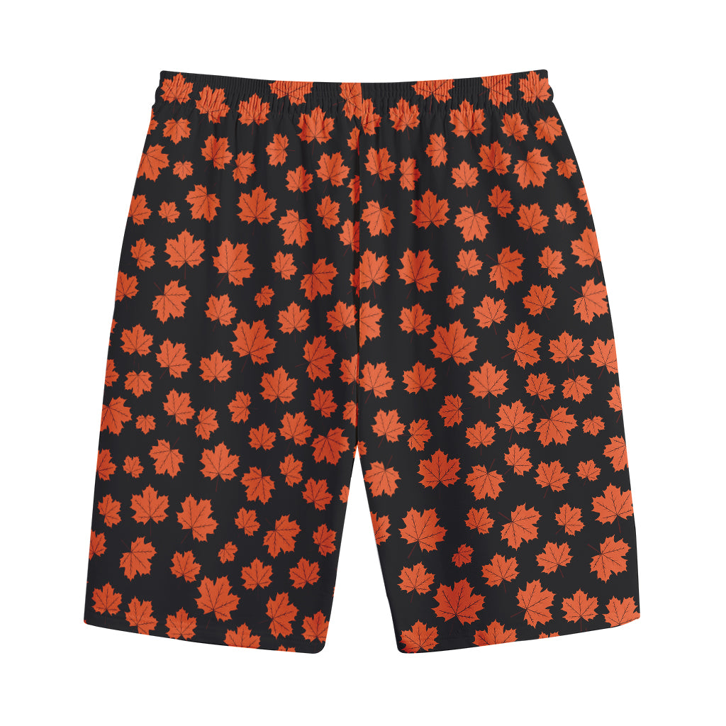 Orange Maple Leaves Pattern Print Cotton Shorts
