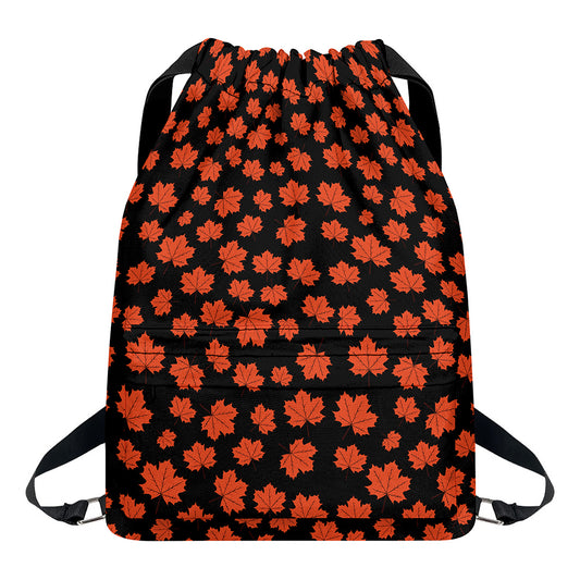 Orange Maple Leaves Pattern Print Drawstring Backpack