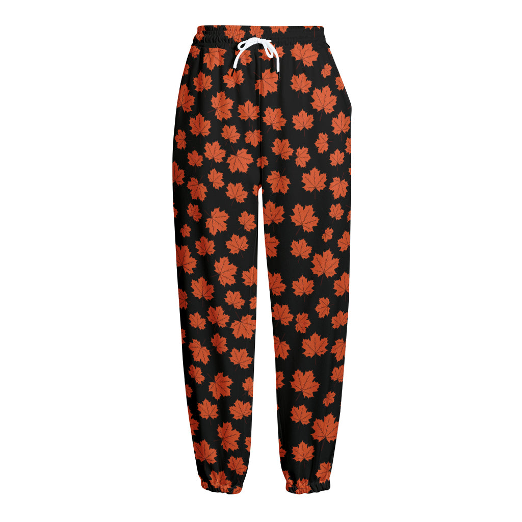 Orange Maple Leaves Pattern Print Fleece Lined Knit Pants