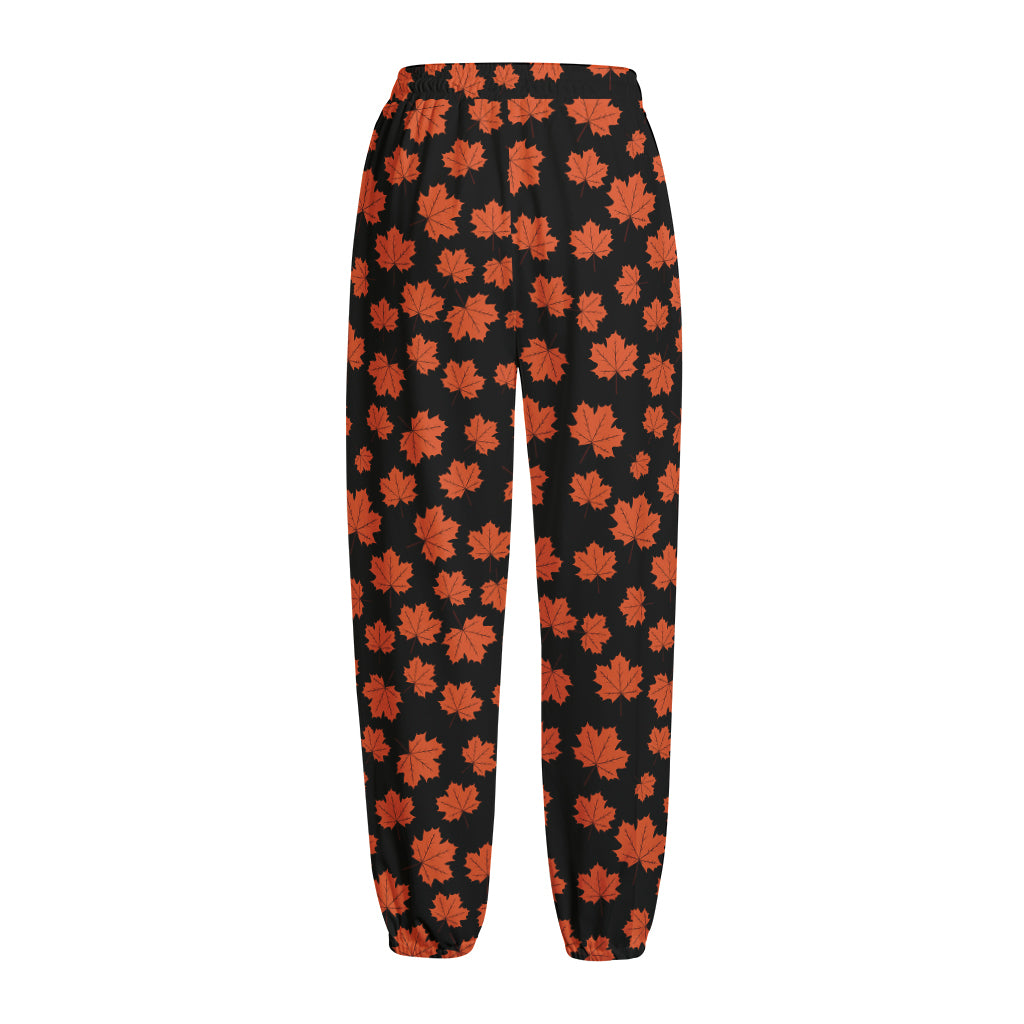 Orange Maple Leaves Pattern Print Fleece Lined Knit Pants