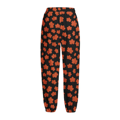 Orange Maple Leaves Pattern Print Fleece Lined Knit Pants