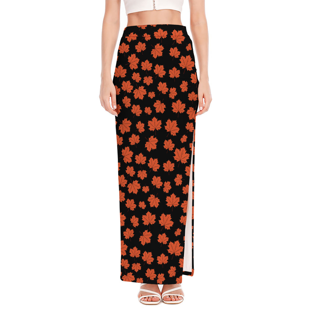 Orange Maple Leaves Pattern Print High Slit Maxi Skirt