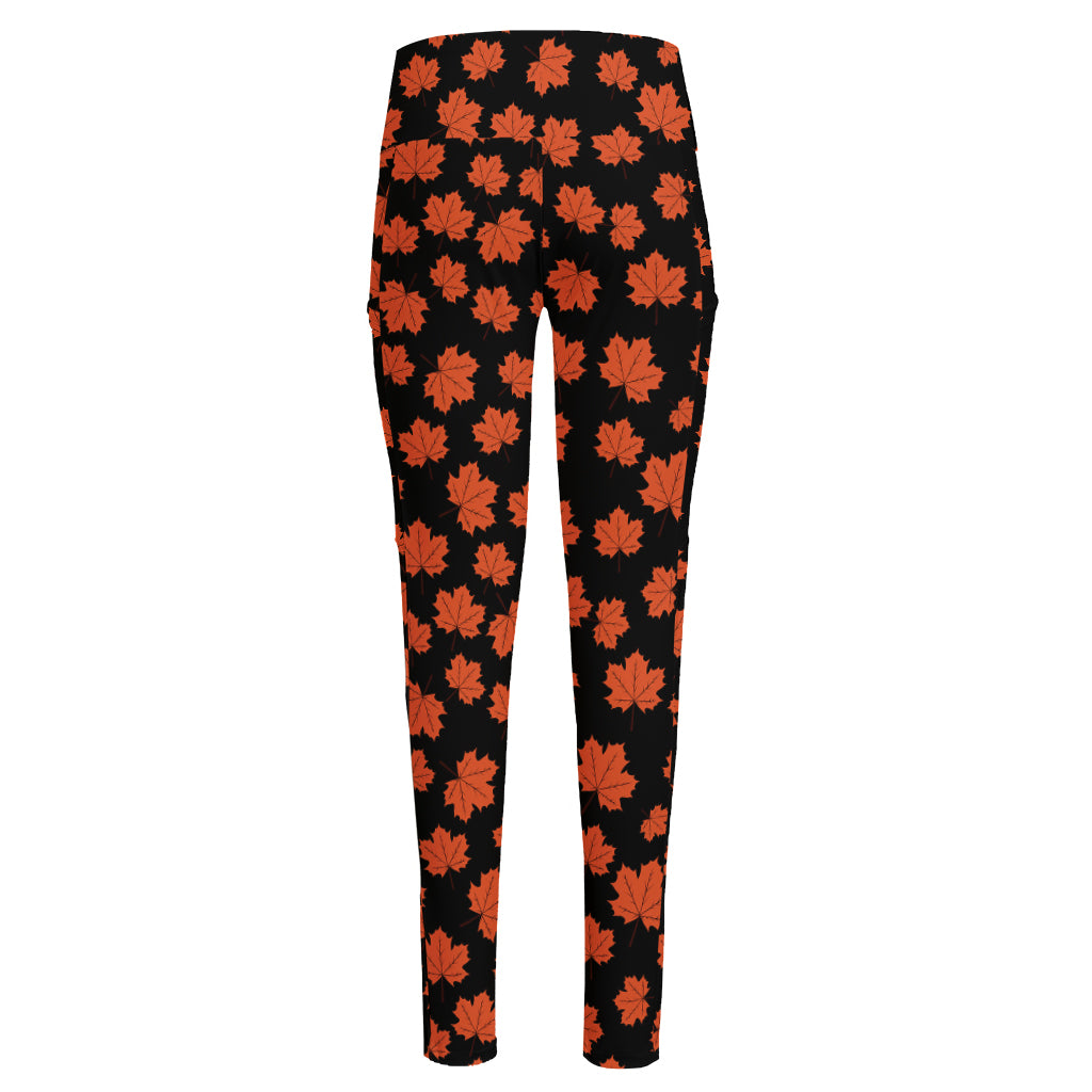 Orange Maple Leaves Pattern Print High-Waisted Pocket Leggings