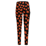 Orange Maple Leaves Pattern Print High-Waisted Pocket Leggings