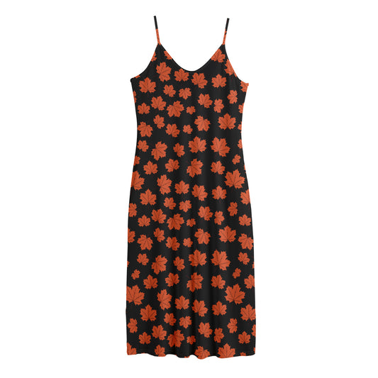 Orange Maple Leaves Pattern Print Jersey Midi Cami Dress