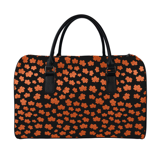 Orange Maple Leaves Pattern Print Leather Duffle Bag