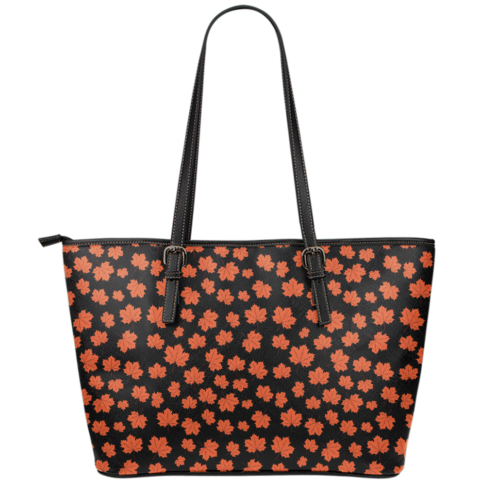 Orange Maple Leaves Pattern Print Leather Tote Bag