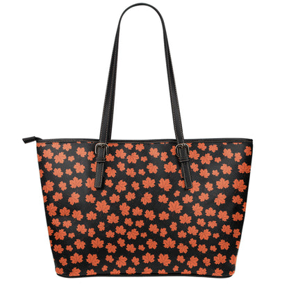 Orange Maple Leaves Pattern Print Leather Tote Bag