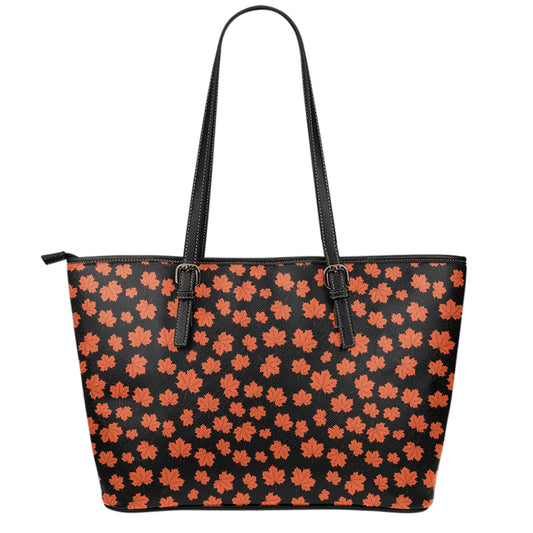Orange Maple Leaves Pattern Print Leather Tote Bag