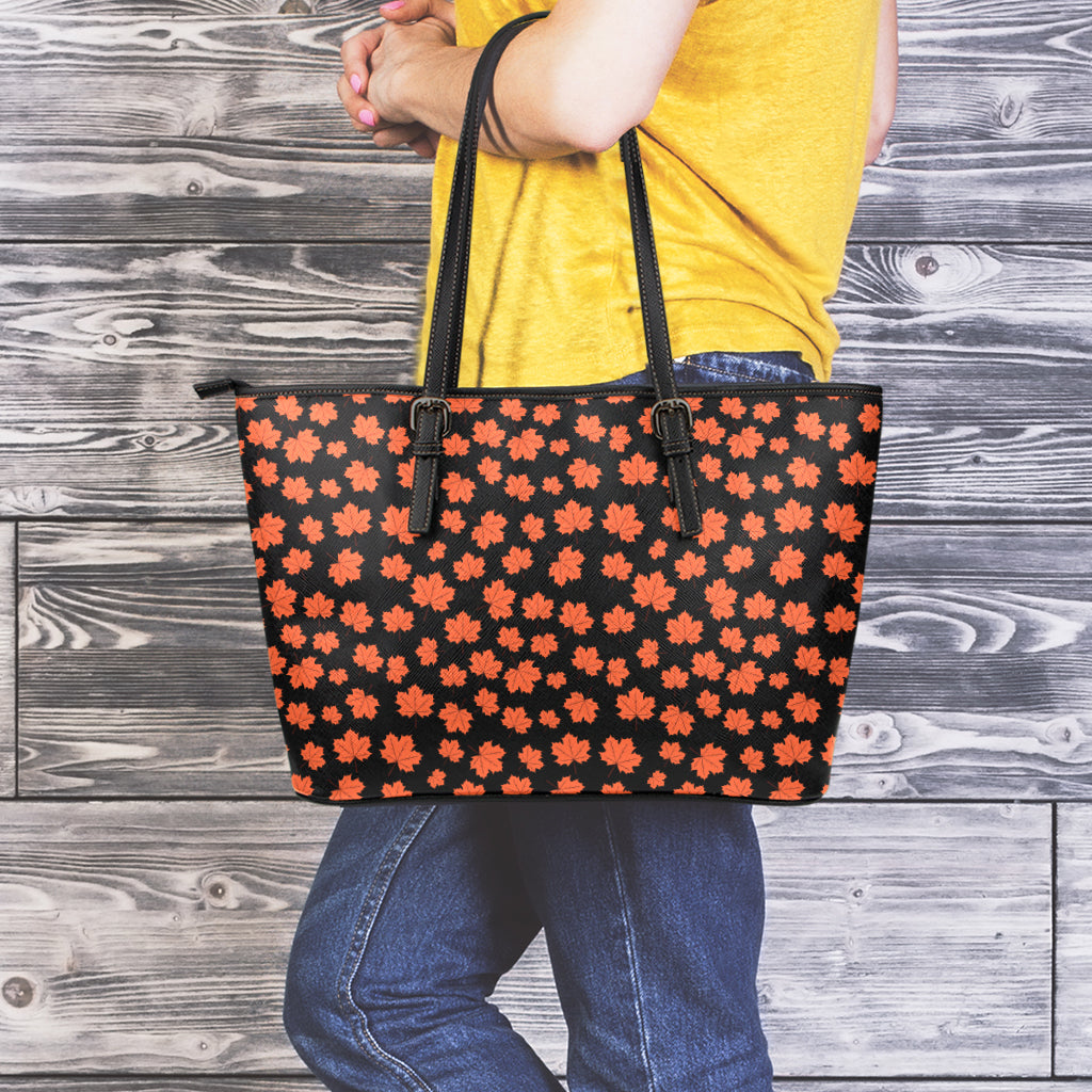 Orange Maple Leaves Pattern Print Leather Tote Bag
