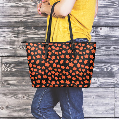 Orange Maple Leaves Pattern Print Leather Tote Bag