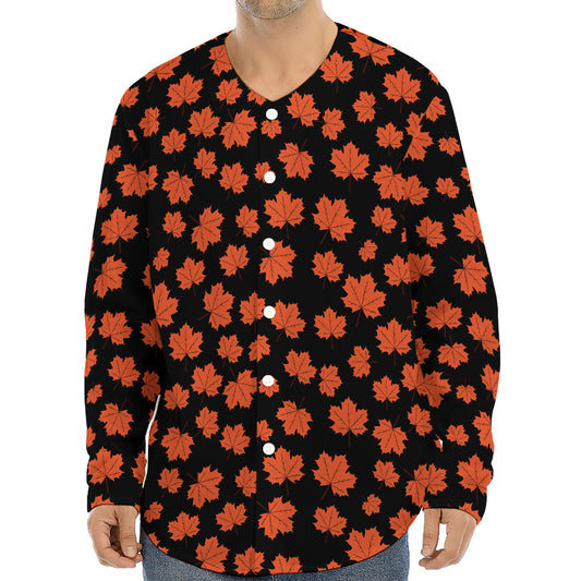 Orange Maple Leaves Pattern Print Long Sleeve Baseball Jersey