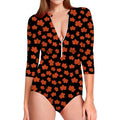 Orange Maple Leaves Pattern Print Long Sleeve Swimsuit