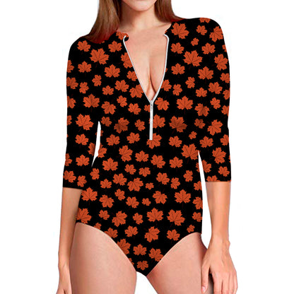 Orange Maple Leaves Pattern Print Long Sleeve Swimsuit