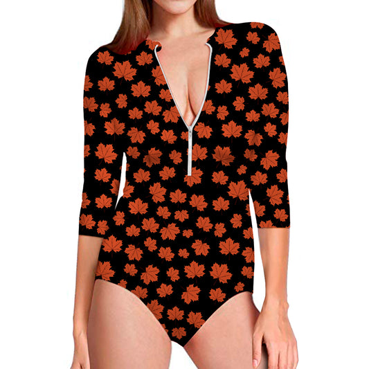Orange Maple Leaves Pattern Print Long Sleeve Swimsuit