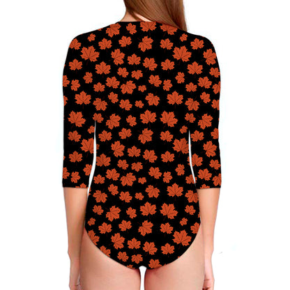 Orange Maple Leaves Pattern Print Long Sleeve Swimsuit