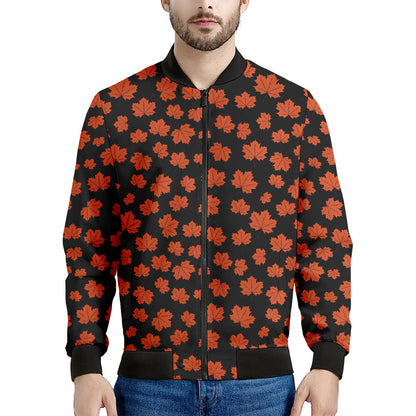 Orange Maple Leaves Pattern Print Men's Bomber Jacket