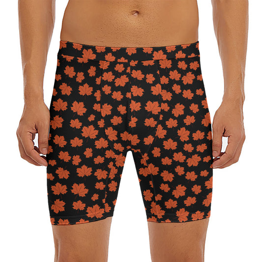 Orange Maple Leaves Pattern Print Men's Long Boxer Briefs