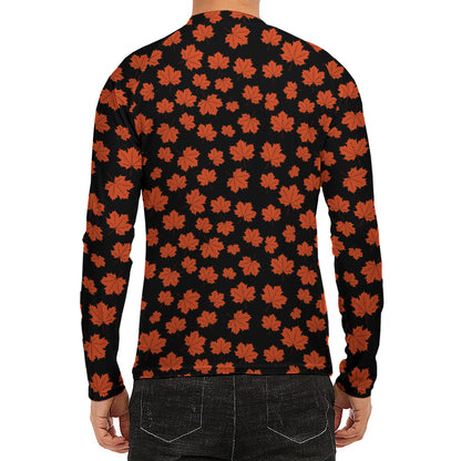 Orange Maple Leaves Pattern Print Men's Long Sleeve Rash Guard
