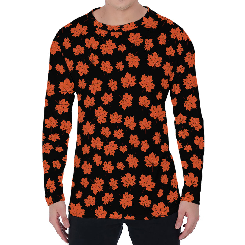 Orange Maple Leaves Pattern Print Men's Long Sleeve T-Shirt
