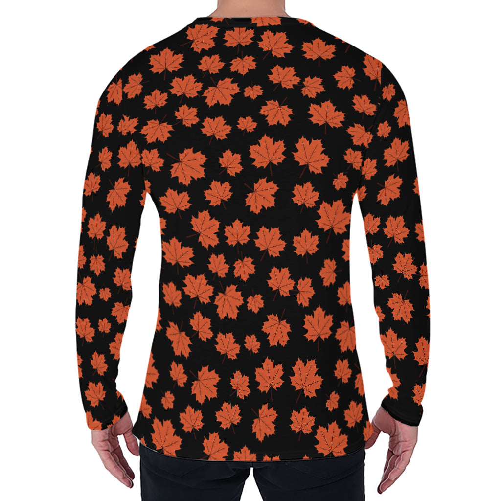 Orange Maple Leaves Pattern Print Men's Long Sleeve T-Shirt
