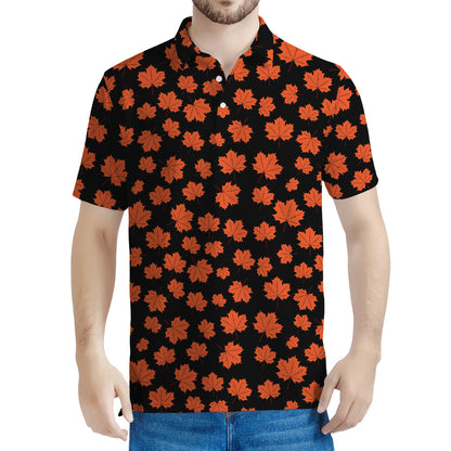 Orange Maple Leaves Pattern Print Men's Polo Shirt